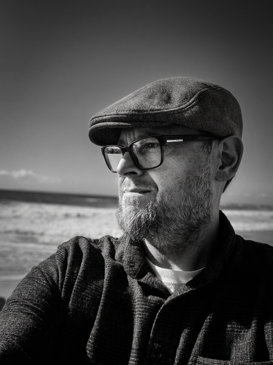 Jason Alves at the coast in a flat cap and black rectangular glasses